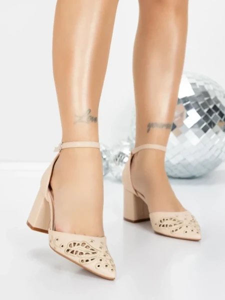 Pantofi cu Toc Gros 5XKK82 BEIGE | MEI