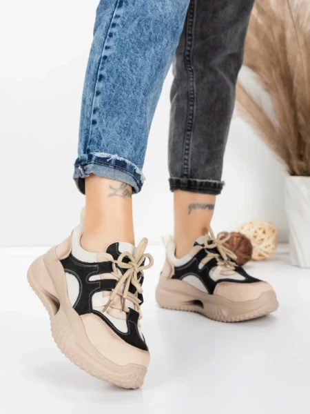 Pantofi Sport Dama din piele naturala 2577 CREAM-BLACK | FRANCO GERARDO