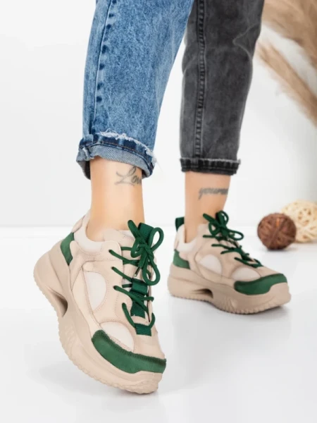 Pantofi Sport Dama din piele naturala 2576 CREAM-GREEN | ADVANCER