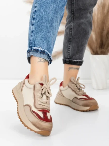 Pantofi Sport Dama din piele naturala 572305 CREAM-RED | FRANCO GERARDO