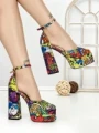 Pantofi cu Toc Gros si Platforma 9288-1 RED-YELLOW | CHERIE